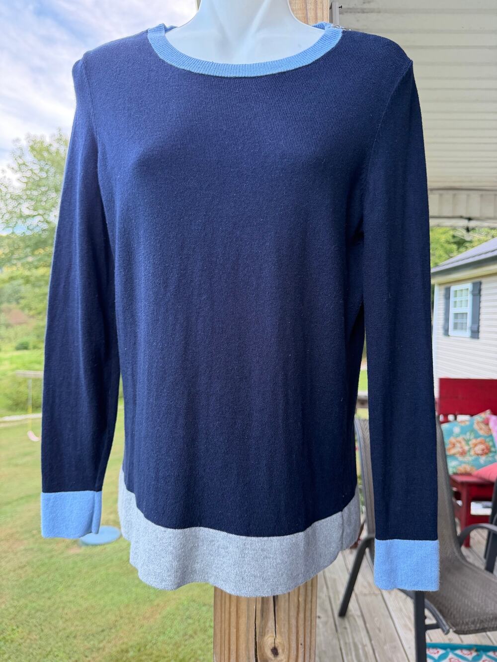 Talbots Petites Colorblock Sweater Angora Blend Navy Blue PM Zipper Accent
